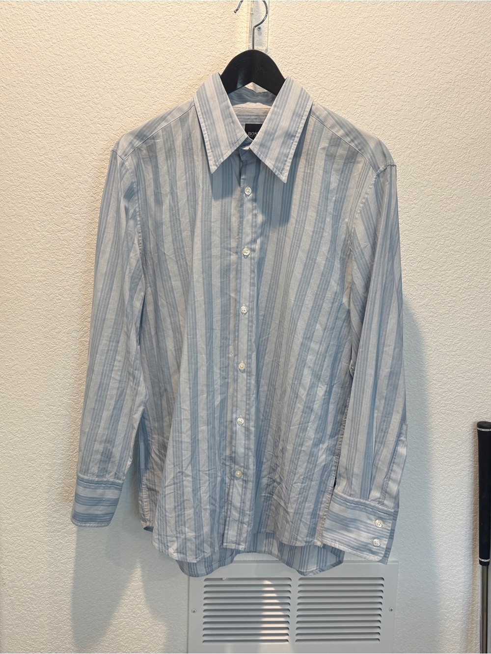 Boss Men's Blue & White Vertical Stripe Dress Shirt - Fitted Large